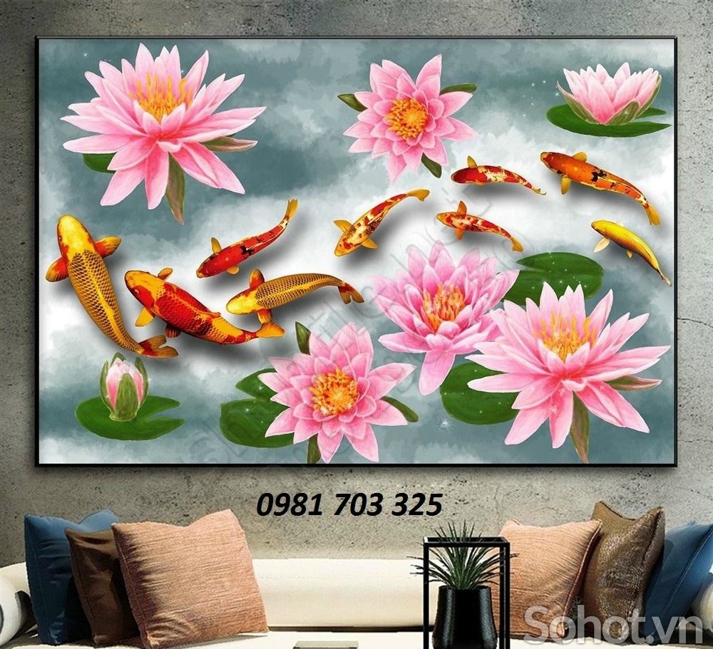 Gạch men 3D phong thủy, tranh hoa sen cá chép