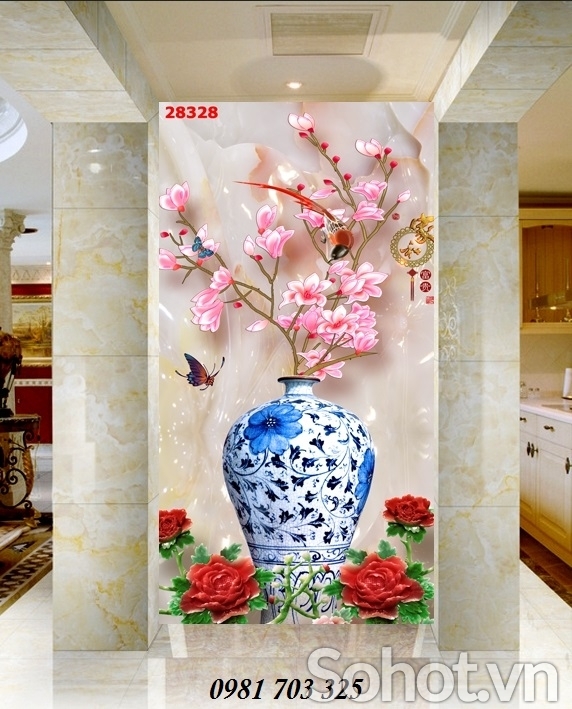 Tranh 3D bình hoa- gạch tranh 3D