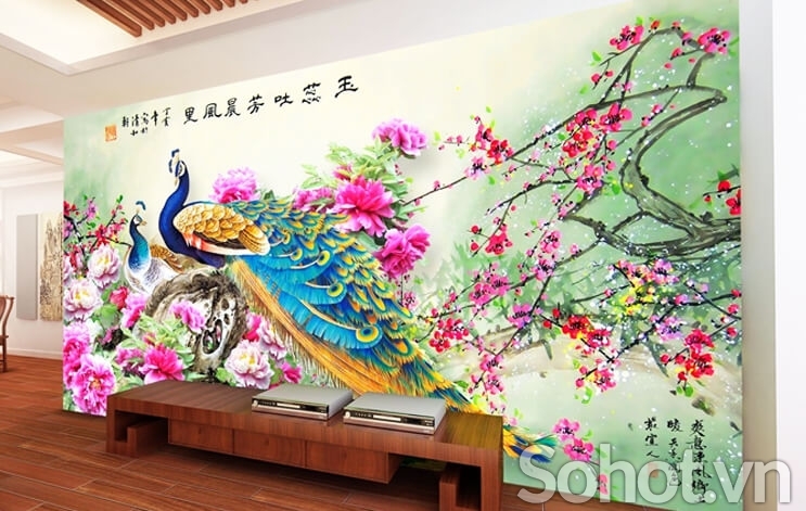 Tranh 3d chim công hoa ngọc vàng- gạch tranh