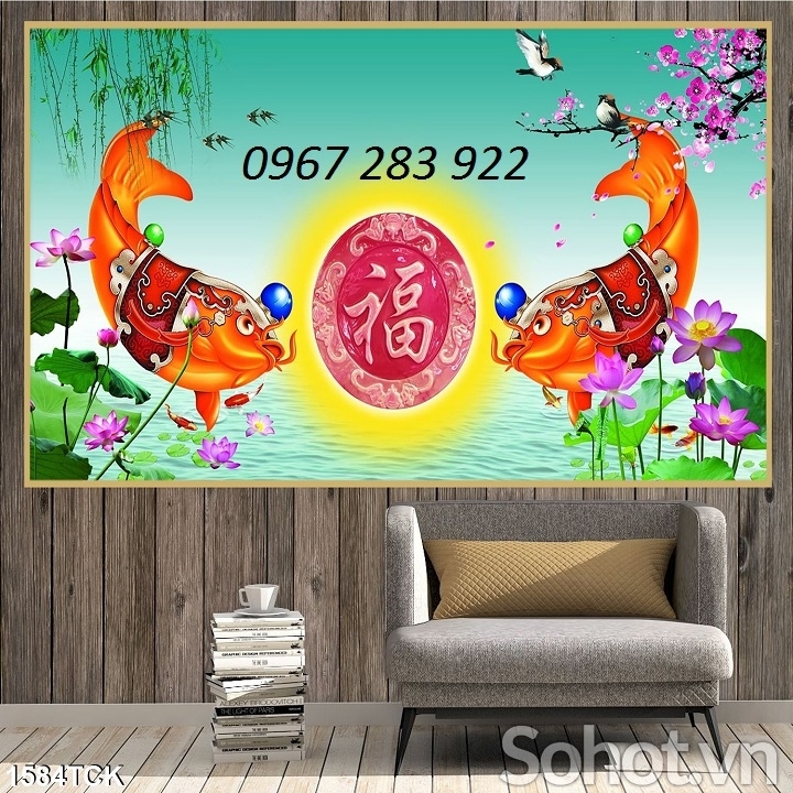 Gạch tranh cá chép ốp tường phong thủy 3d