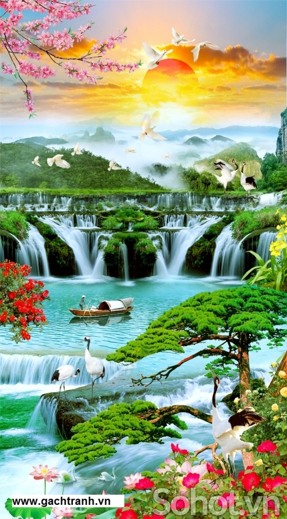 Tranh thác nước thiên nhiên tranh gạch 3d - TEW4S
