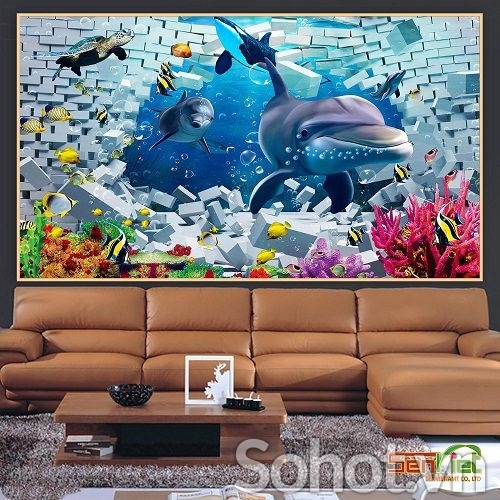 Tranh gạch 3d cá heo ốp tường phòng tắm - 0433CB