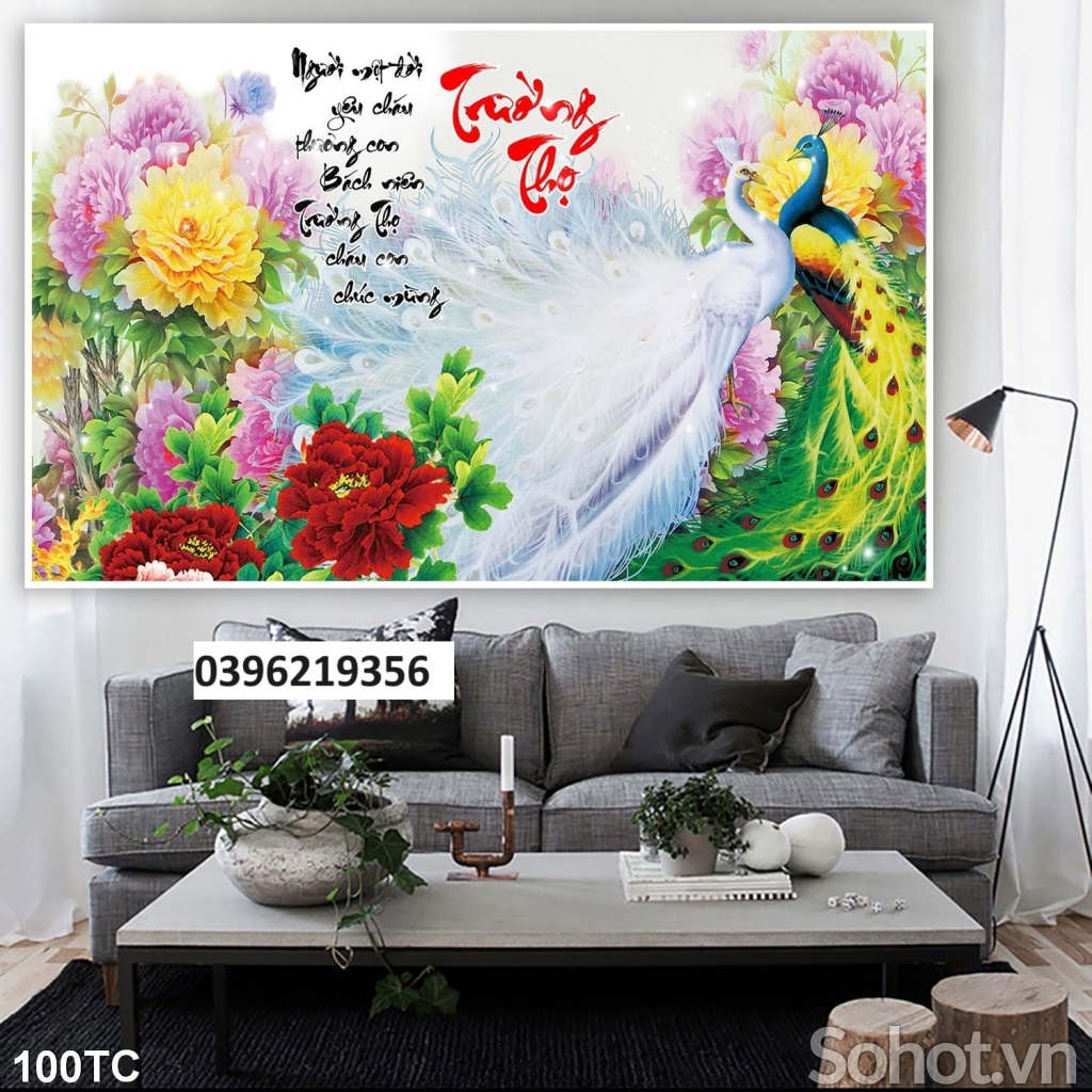 Tranh gạch chim công mẫu đơn 3D