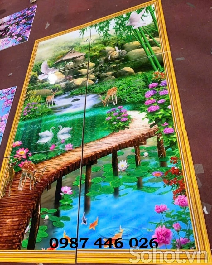 Gạch tranh phong cảnh thác nước ảnh thực tế HP822