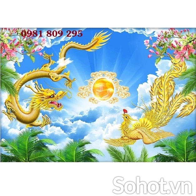 Tranh gạch phong thủy rồng phượng , tranh 3D đẹp  hp664