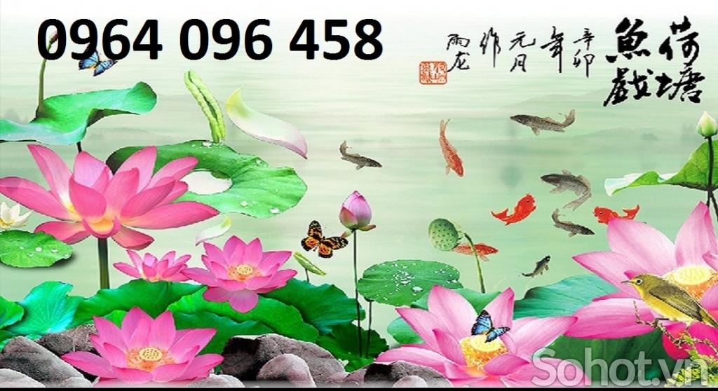Tranh cá chép hoa sen - tranh gạch 3d ốp tường - KNV43