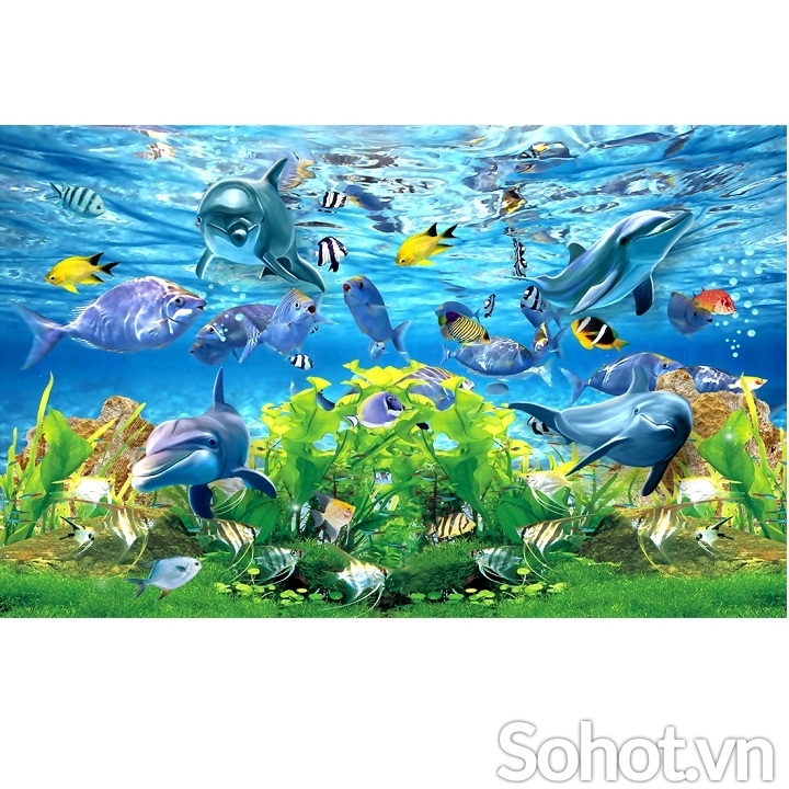 Tranh 3D trang trí phòng- tranh cá heo- gạch ốp tường