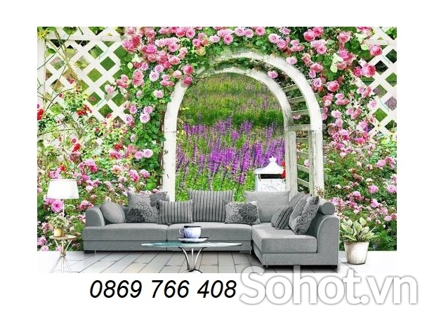 Tranh phòng khách-gạch tranh vườn hoa
