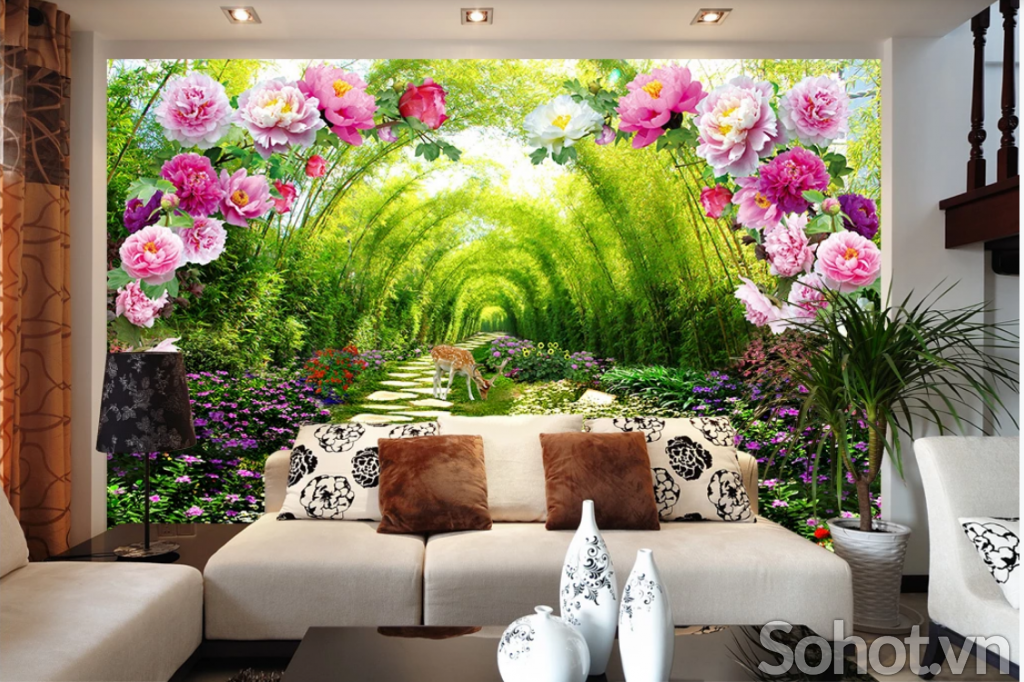 Gạch tranh 3d phong cảnh vườn hoa thiên nhiên trang trí phòng khách