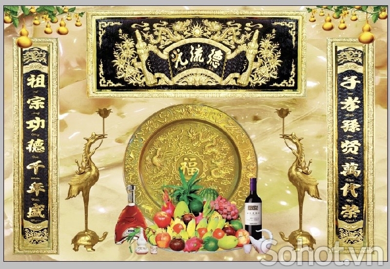 Tranh gạch men 3D - phòng thờ gia tiên