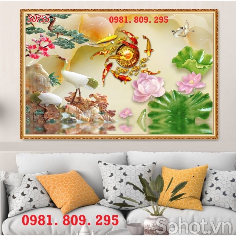 Mẫu tranh gạch 3d chim công sứ ngọc ốp phòng khách