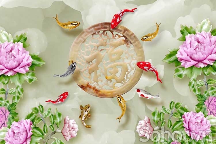 tranh gạch men 3d cá chép hoa mẫu đơn - MDC4