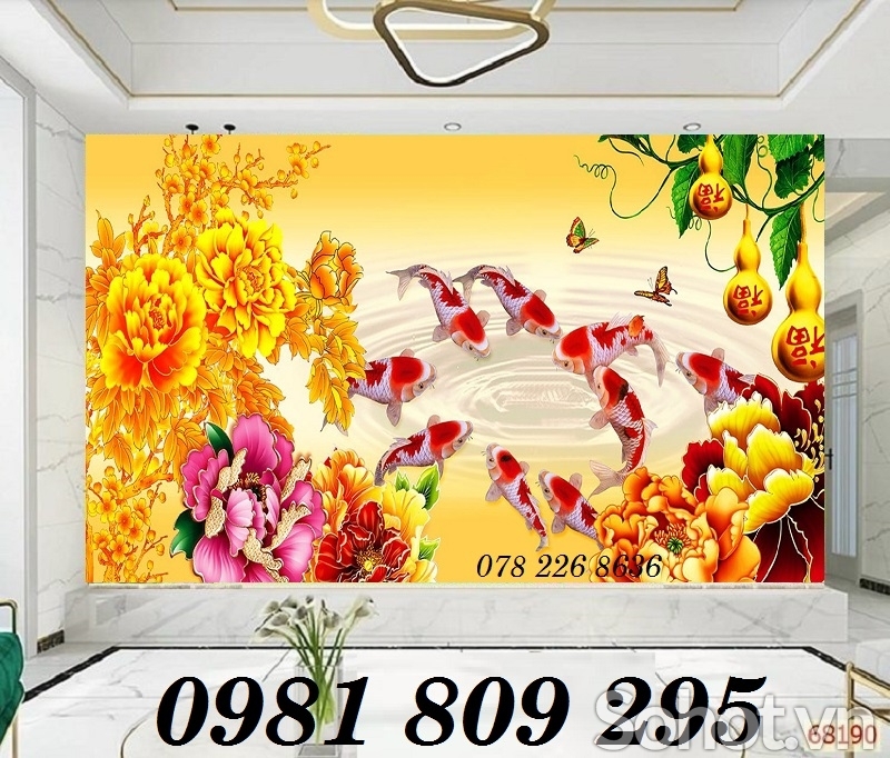 tranh hoa sen - gạch tranh 3d óp phòng khách