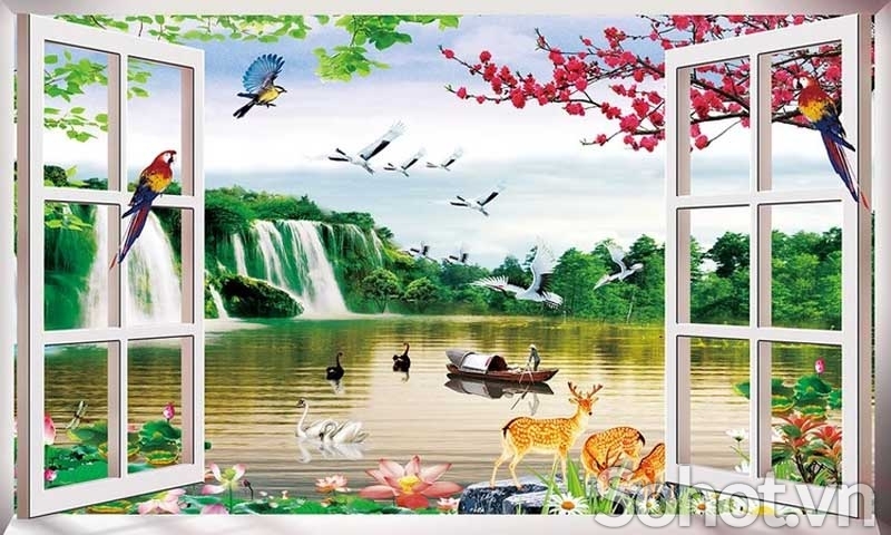 tranh 3D phòng khách, gạch tranh cửa sổ