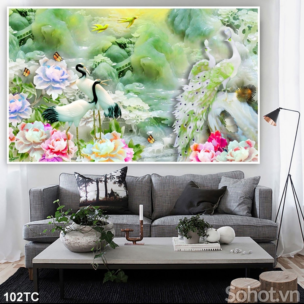 Tranh gạch chim công mẫu đơn 3d trang trí