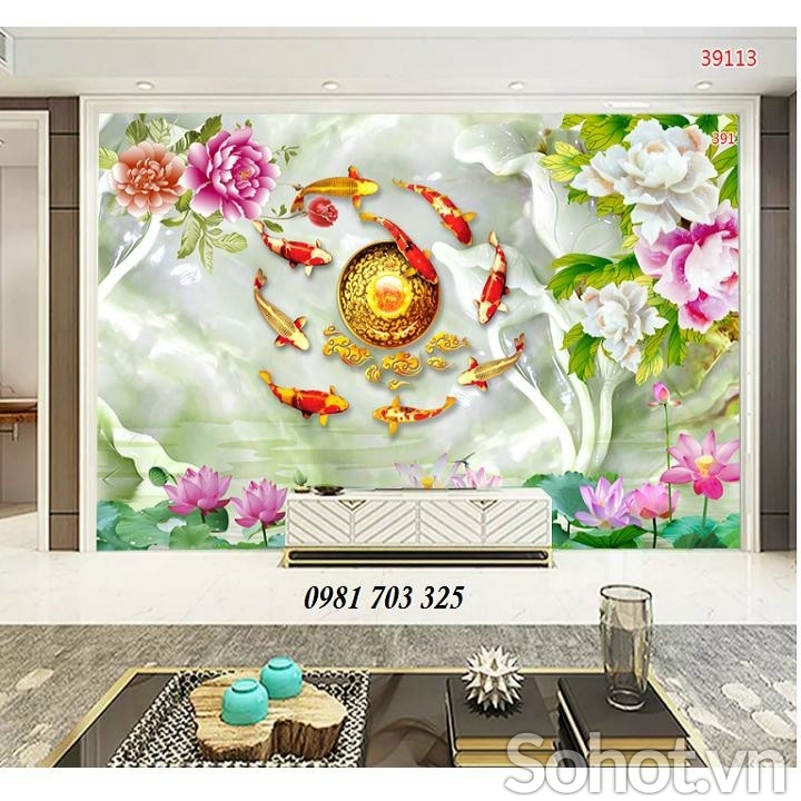 Gạch men 3D phong thủy, tranh hoa sen cá chép