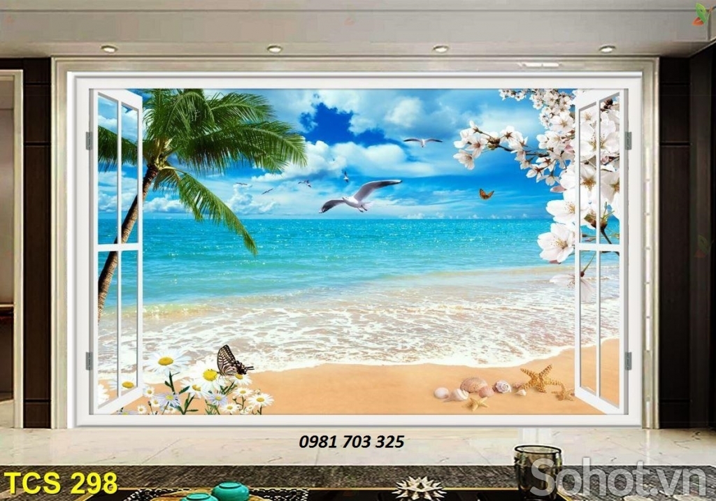 tranh cửa sổ, tranh gạch ốp tường phòng khách