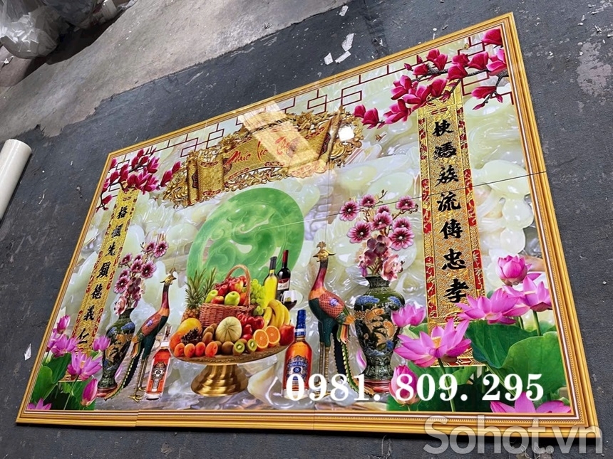Gạch tranh phòng thờ 3d , tranh gạch hoa sen