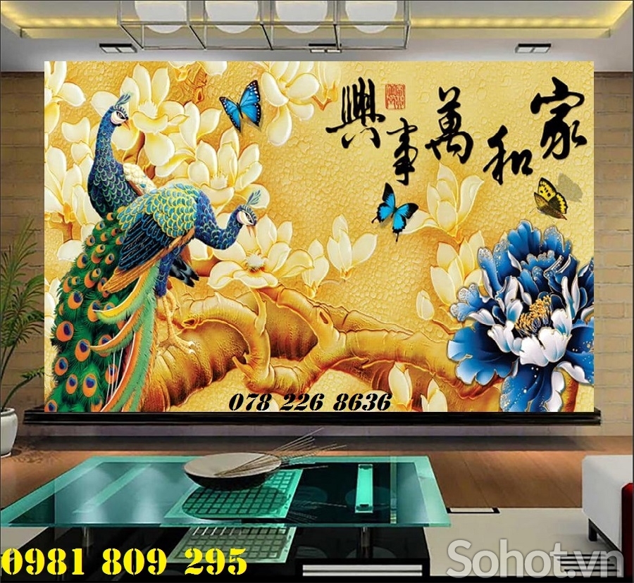 Tranh chim công hoa mẫu đơn- Gạch 3d