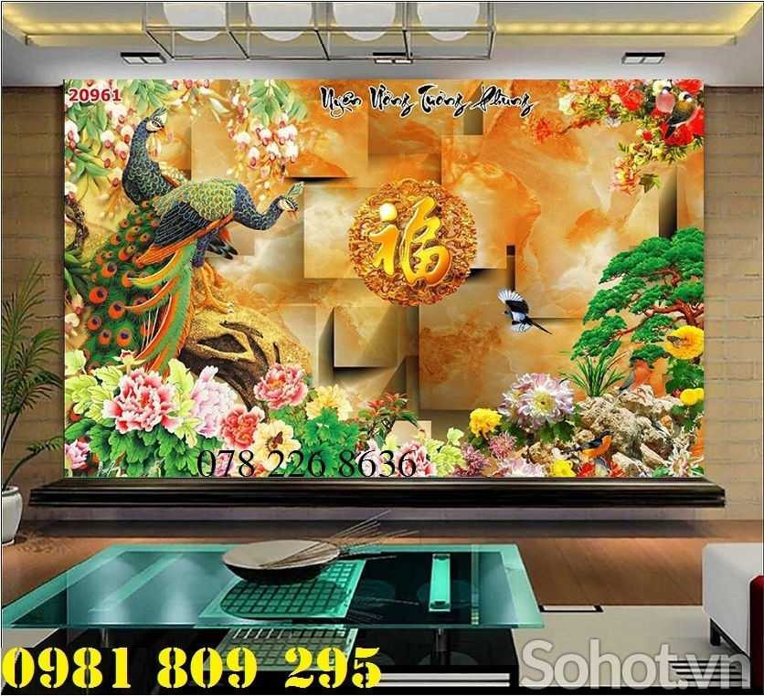 Gạch tranh 3d chim công hoa mẫu đơn -GA89