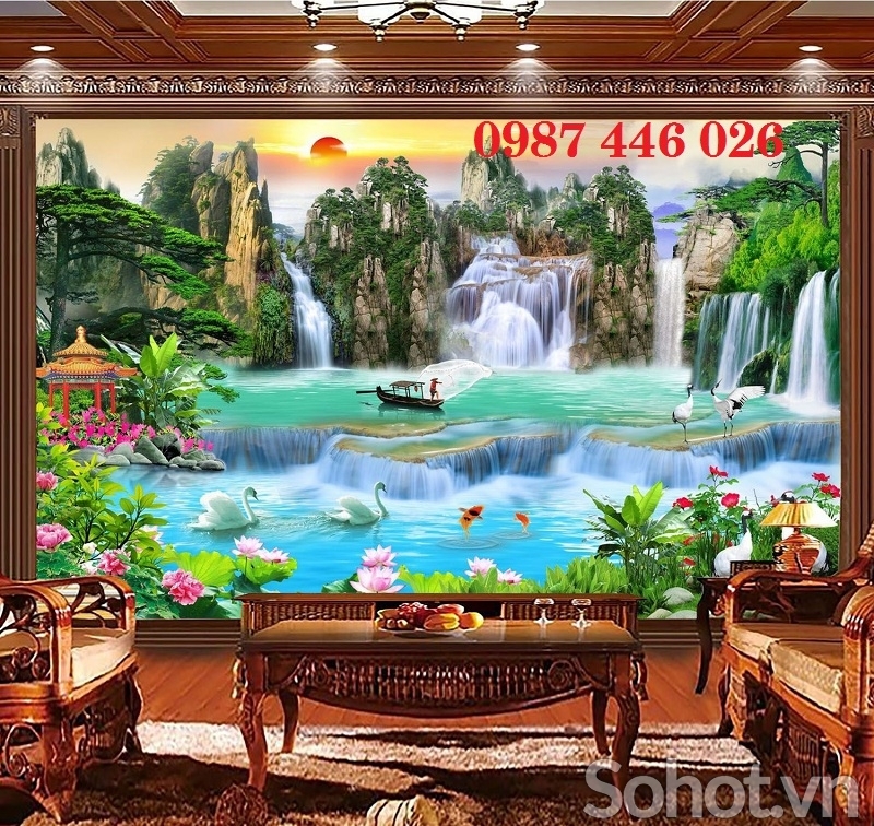 Gạch 3d tranh ốp tường phong cảnh thác nước HP7332