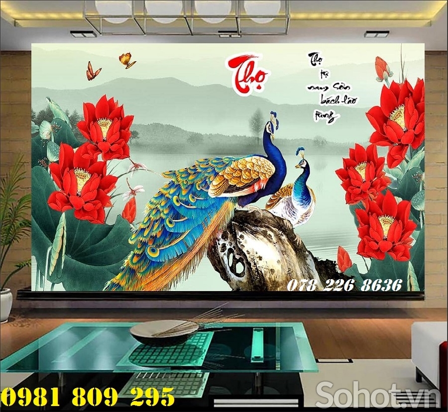 Tranh chim công hoa mẫu đơn- Gạch 3d