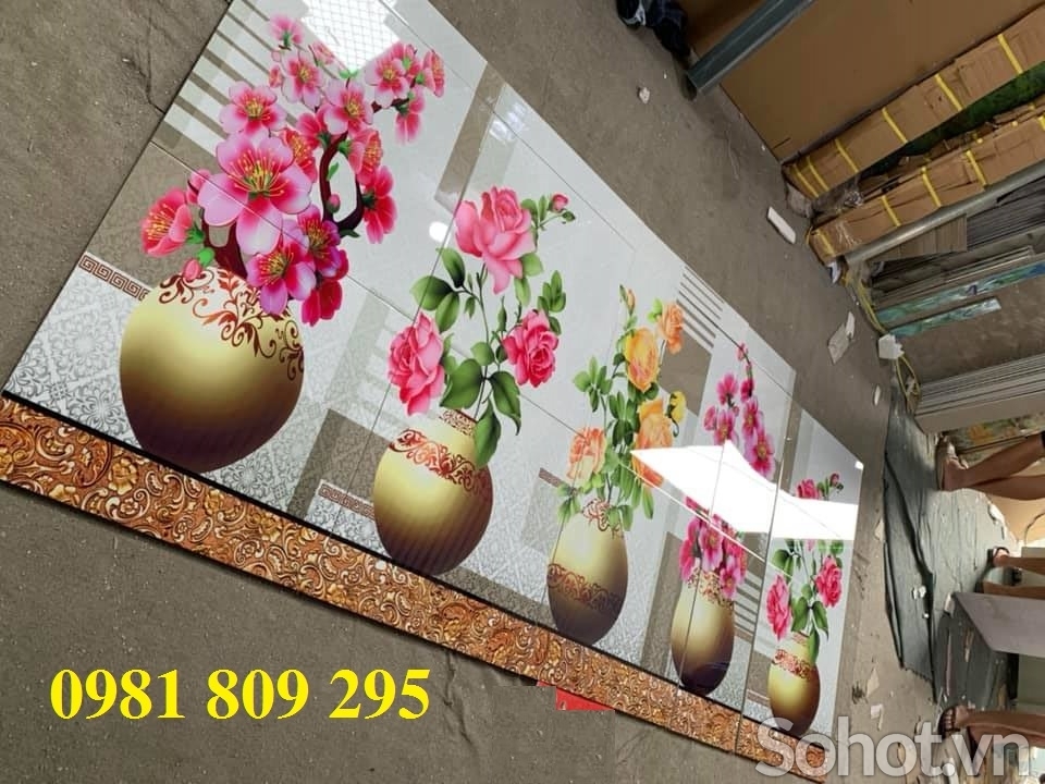 gạch tranh 3d bình hoa ốp phòng bếp