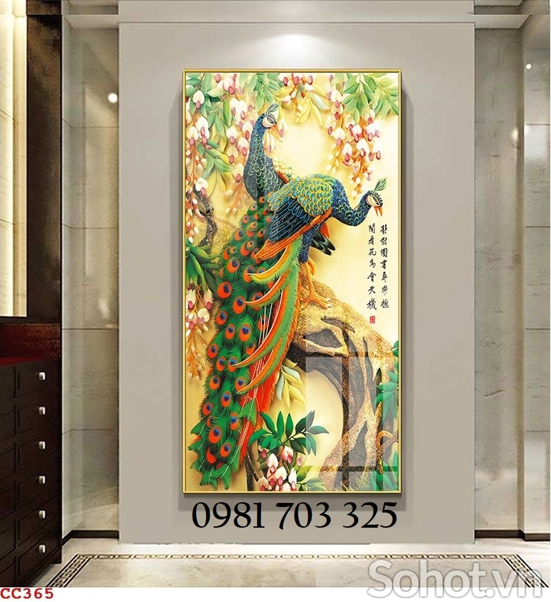 Tranh chim công khổ đứng, gạch men 3D phong thủy