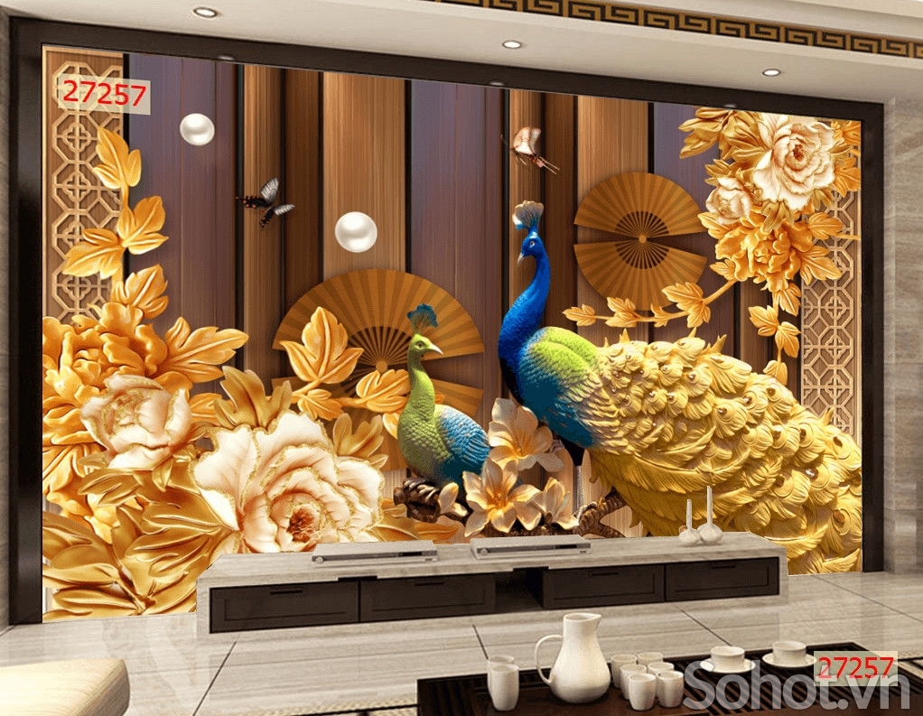 Tranh chim công phong thủy, tranh gạch men 3D