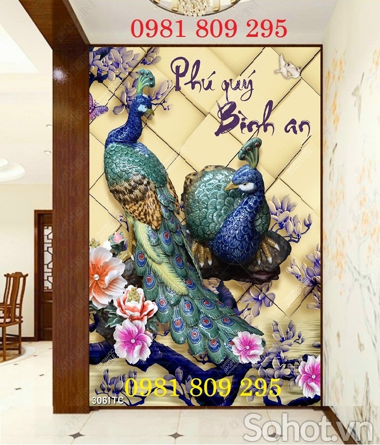 Tranh gạch con công khổ đứng 3d