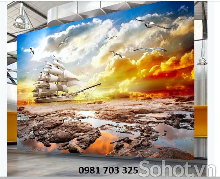 Gạch men 3D phong thủy thuyền buồm đẹp