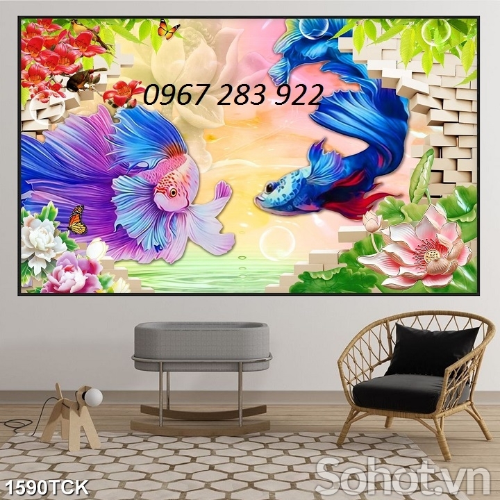 Gạch tranh cá chép ốp tường phong thủy 3d