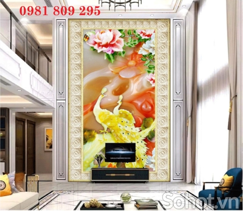 Gạch tranh ốp tường hành lang , tranh chim công
