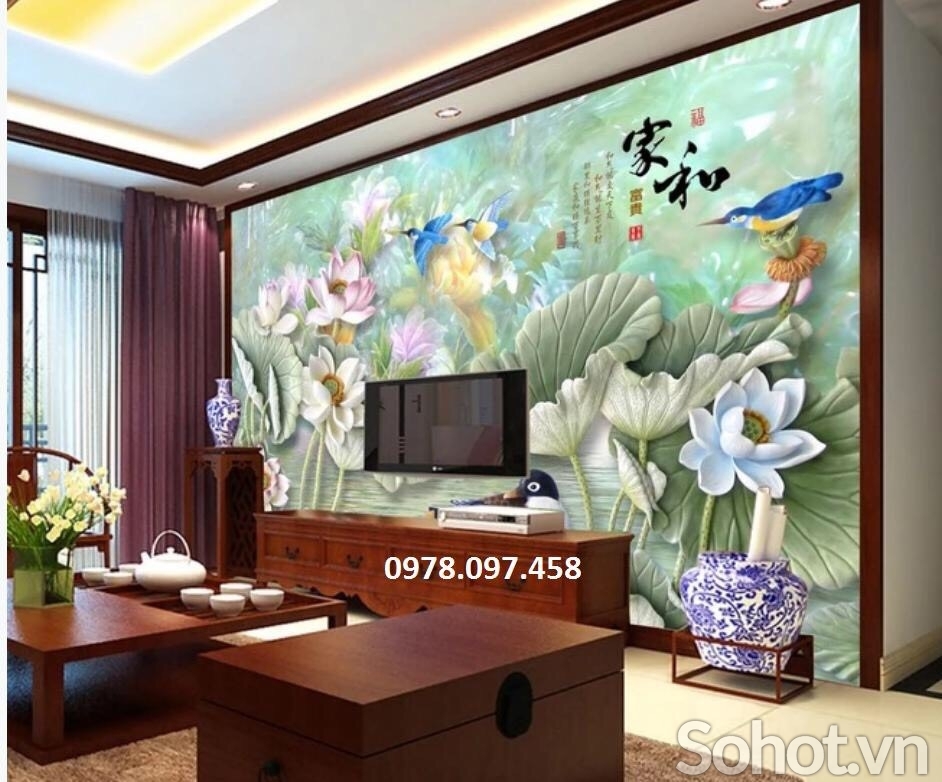 Gạch tranh hoa sen trang trí phòng