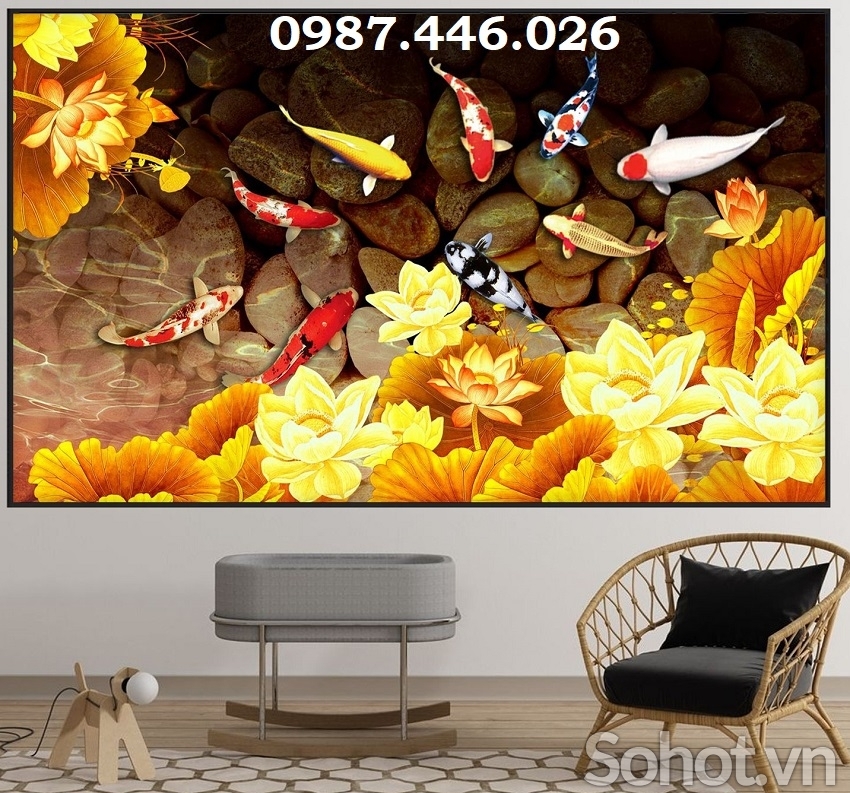 Gạch tranh cá chép vàng, tranh ốp tường 3d HP9722