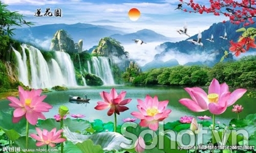 tranh gạch phong cảnh 3d hoa sen - KNV3