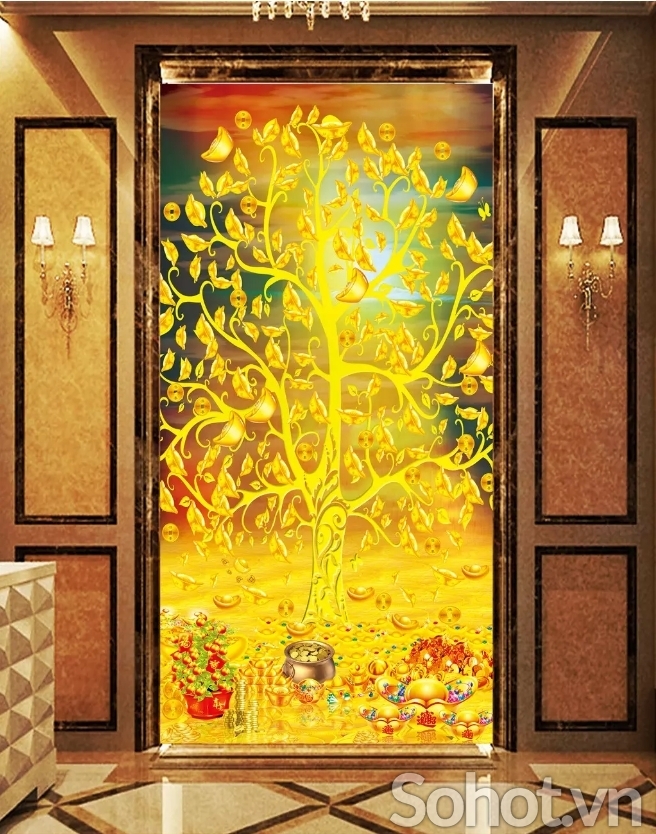 gạch tranh 3D cây kim tiền khổ đứng