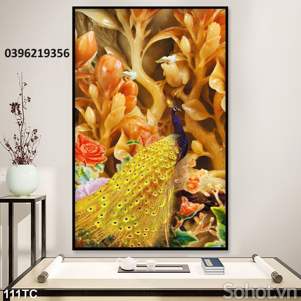 Tranh gạch men chim công mẫu đơn đẹp