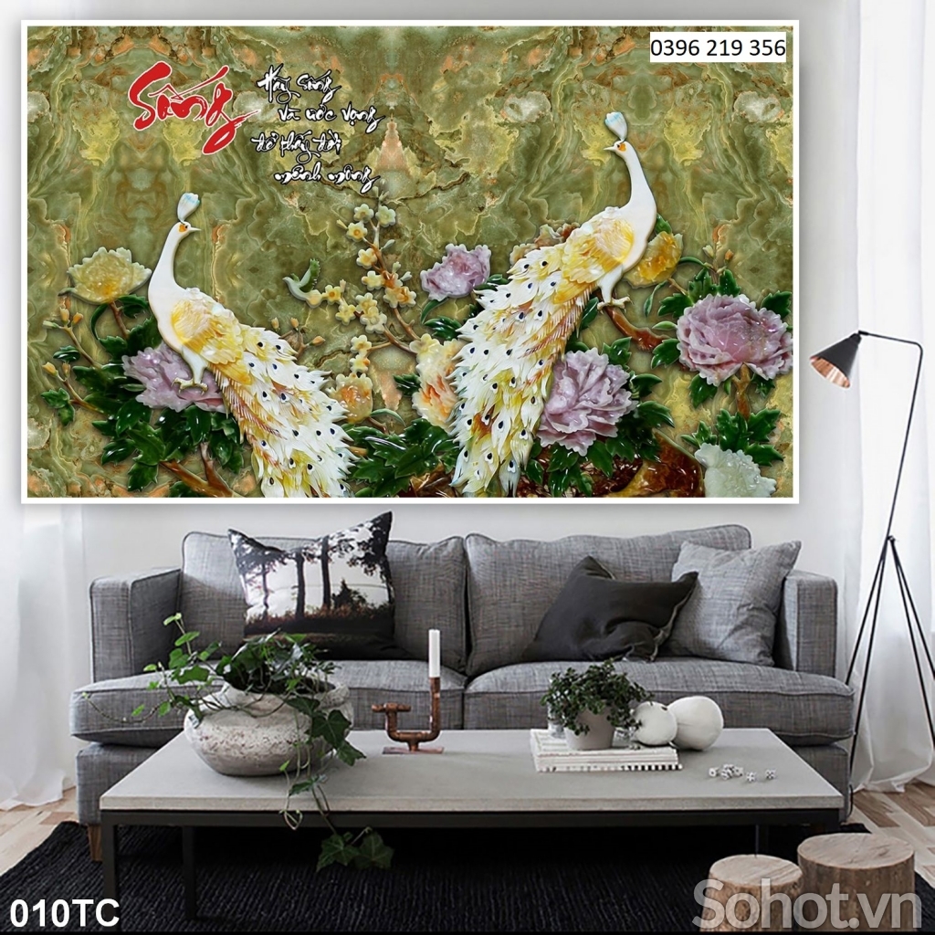 Gạch tranh 3d Chim Công và Hoa mẫu đơn trang trí