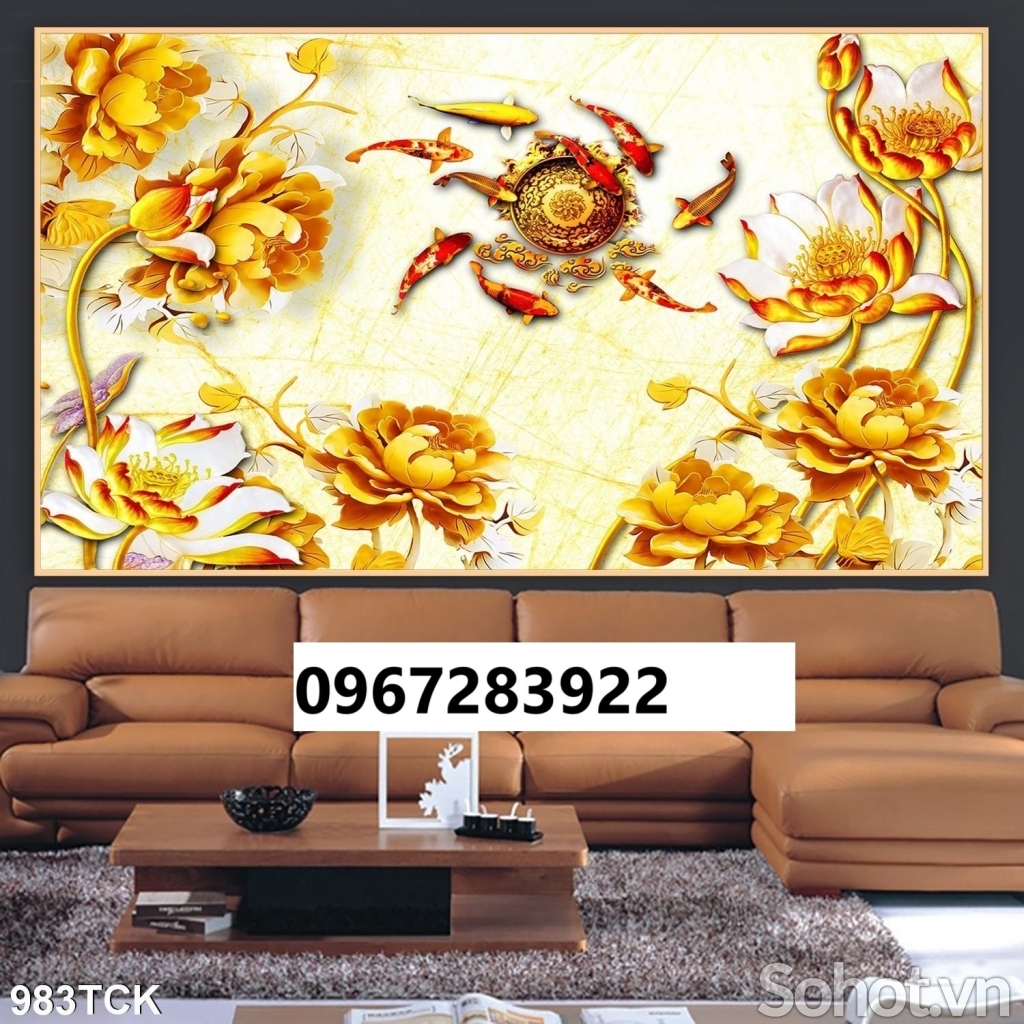 Tranh gạch đẹp 3d cá và hoa