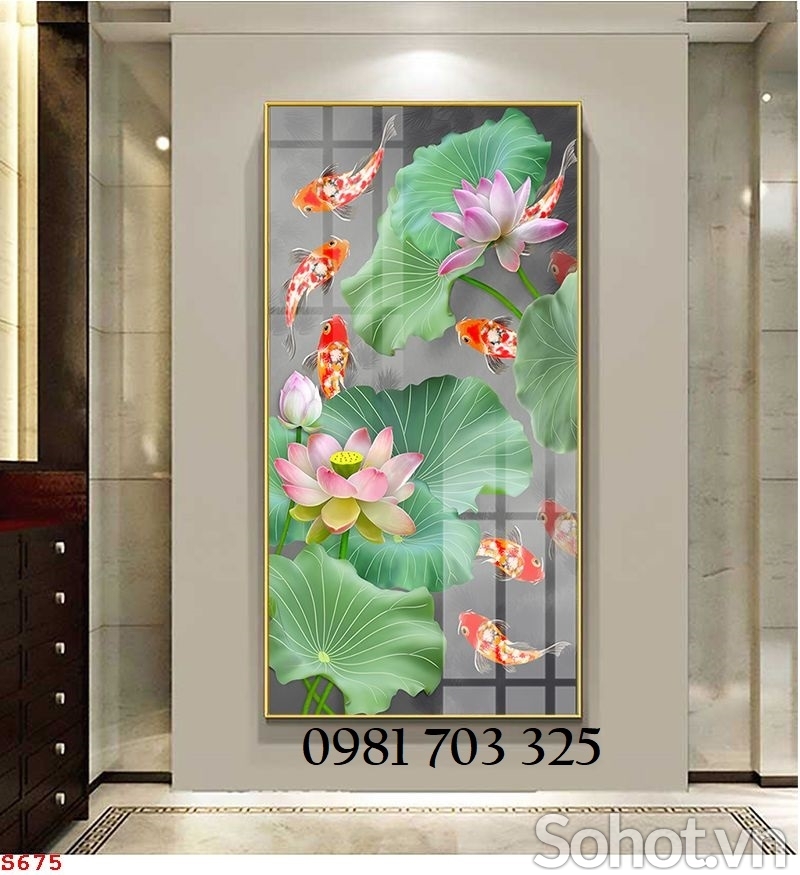 Tranh phong thủy hoa sen cá chép, tranh gạch
