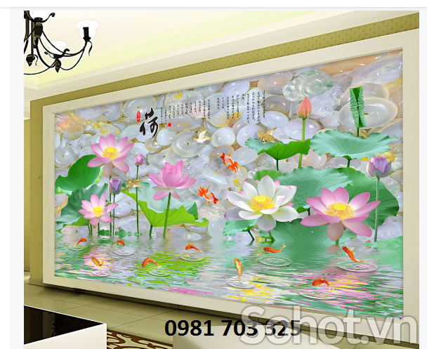 Tranh gạch men 3D phòng khách- tranh hoa sen