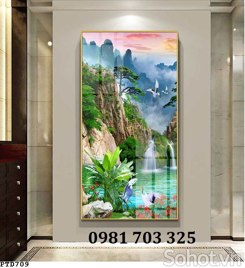 Tranh gạch men khổ đứng phong cảnh thác nước