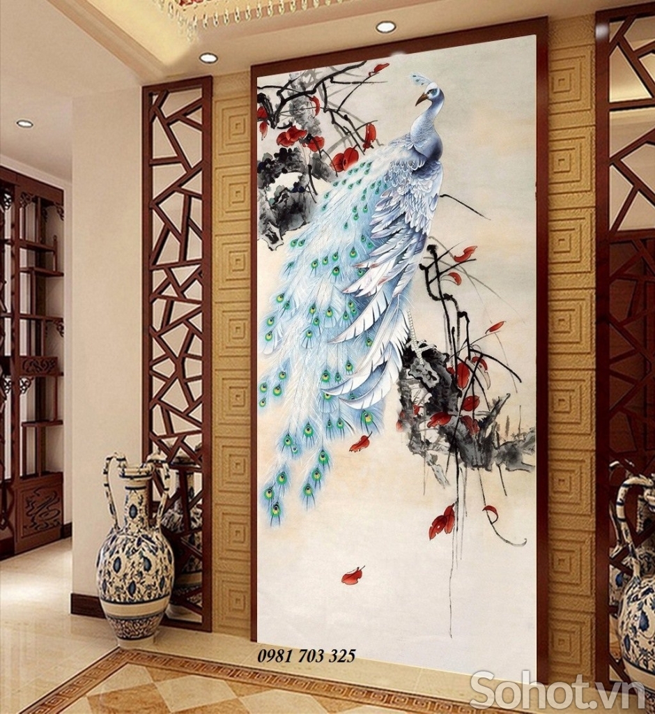 Gạch tranh khổ đứng đẹp chim công 3d