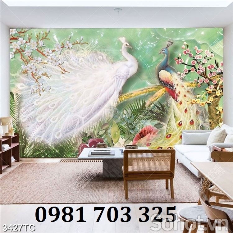 Tranh chim công phong thủy, gạch tranh 3D đẹp