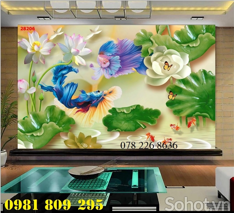 Tranh gạch men -hoa sen - gạch 3d cá chép