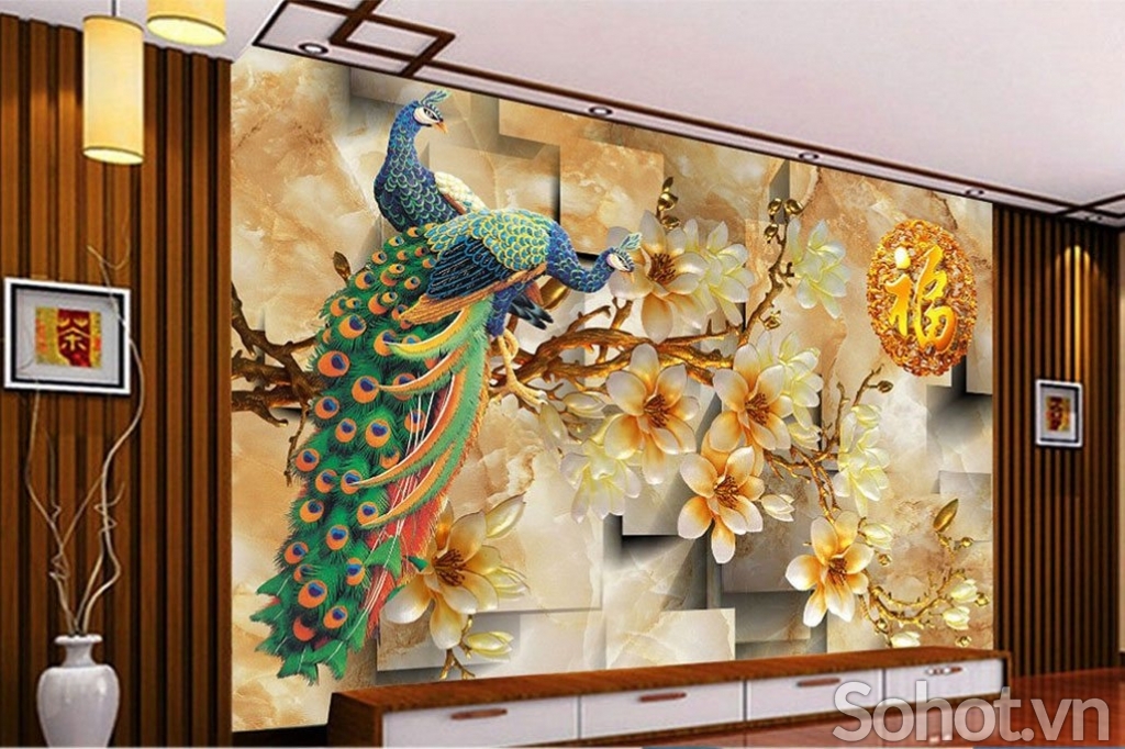Tranh gạch 3d chim công phòng khách - TNB5
