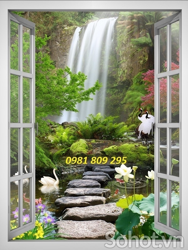 tranh gạch 3d hồ nước chim hạc