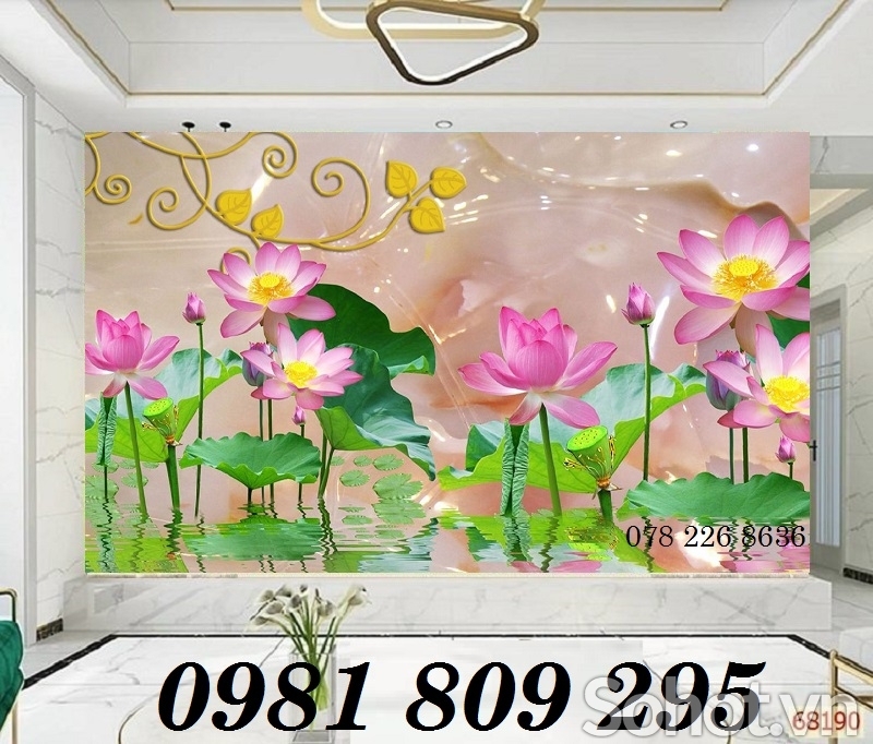 TRanh hoa sen phong thủy, gạch 3D ốp tường