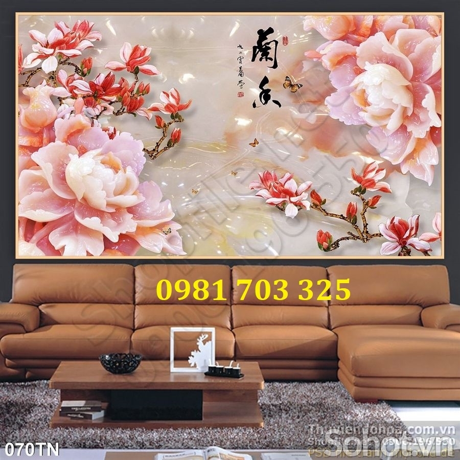 Tranh gạch hoa mẫu đơn sứ ngọc dán tường